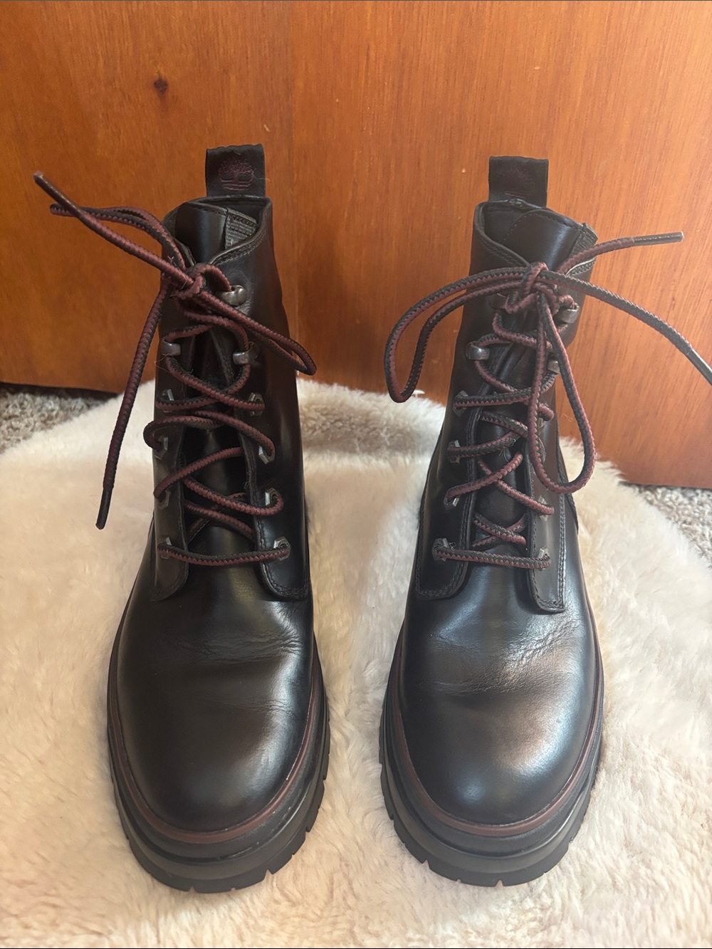 Timberland Malynn Waterproof Black Leather Combat Boots with Brown Laces